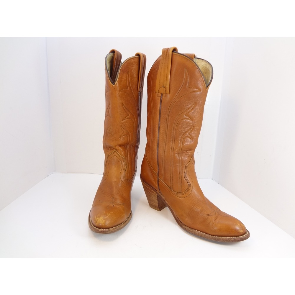 Frye Western Cowboy Boots Womens 7.5B Tan Leather Good Vintage Stacked Heel USA